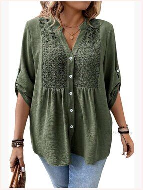 Plus Size Boho Button Down Blouse 3/4 Sleeve Peplum Tunic